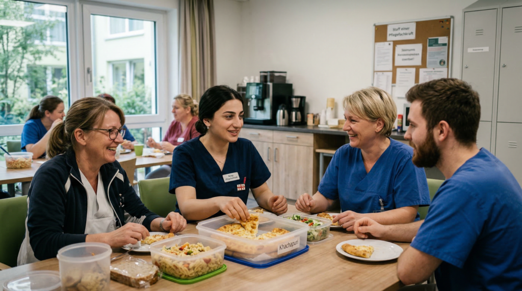 Georgische Pflegekraft mit deutschen Kollegen in der Mittagspause in einem Pflegebetrieb