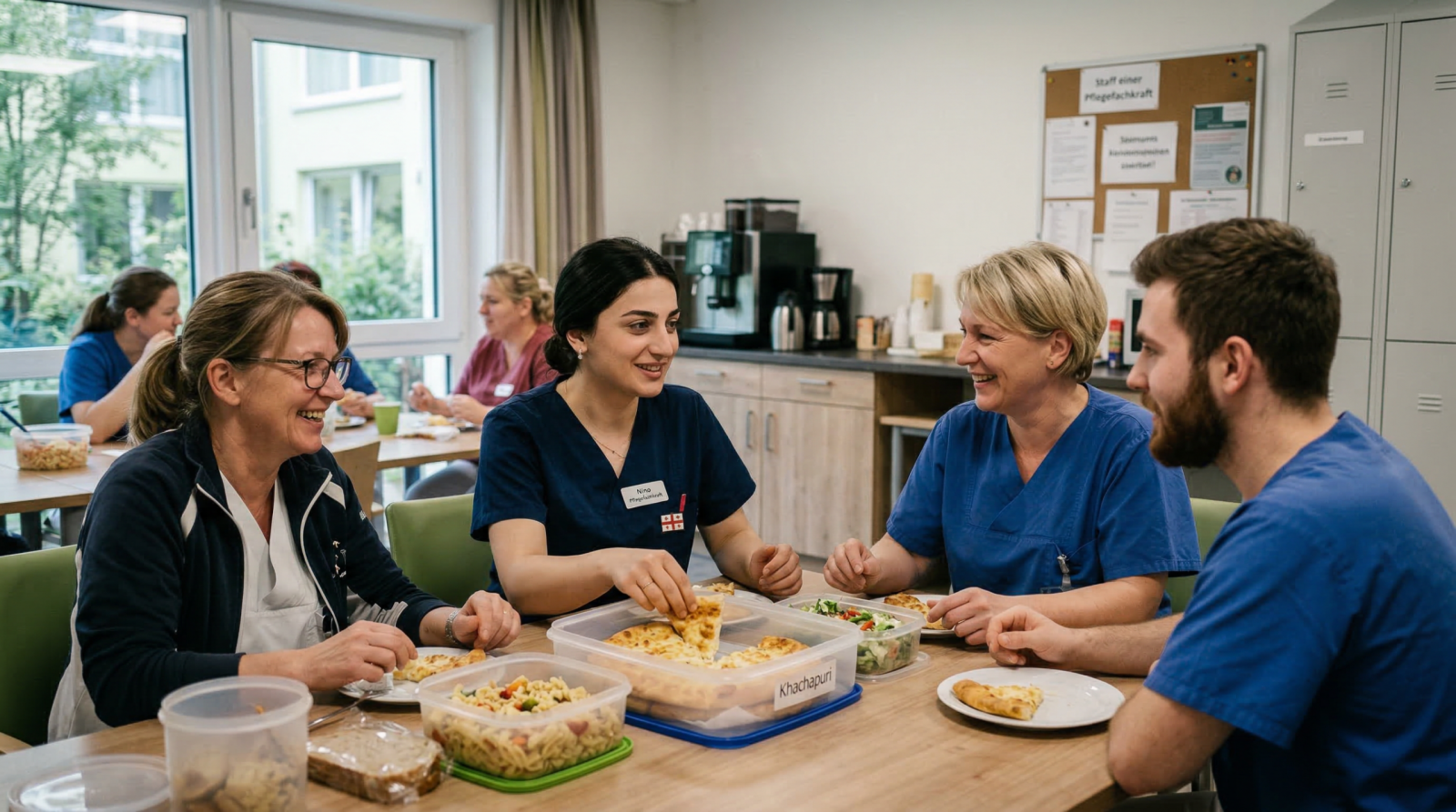 Georgische Pflegekraft mit deutschen Kollegen in der Mittagspause in einem Pflegebetrieb